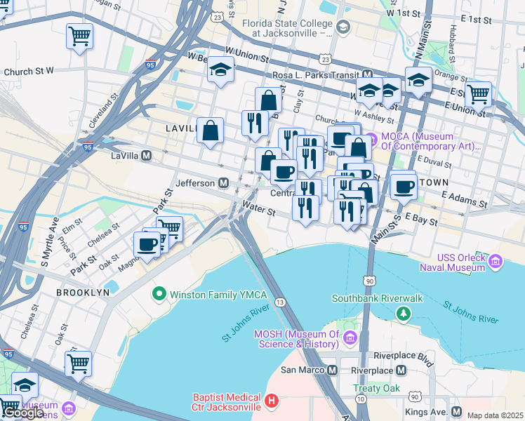 map of restaurants, bars, coffee shops, grocery stores, and more near 550 Water Street in Jacksonville