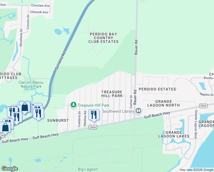 map of restaurants, bars, coffee shops, grocery stores, and more near 5281 Yellow Bluff Road in Pensacola