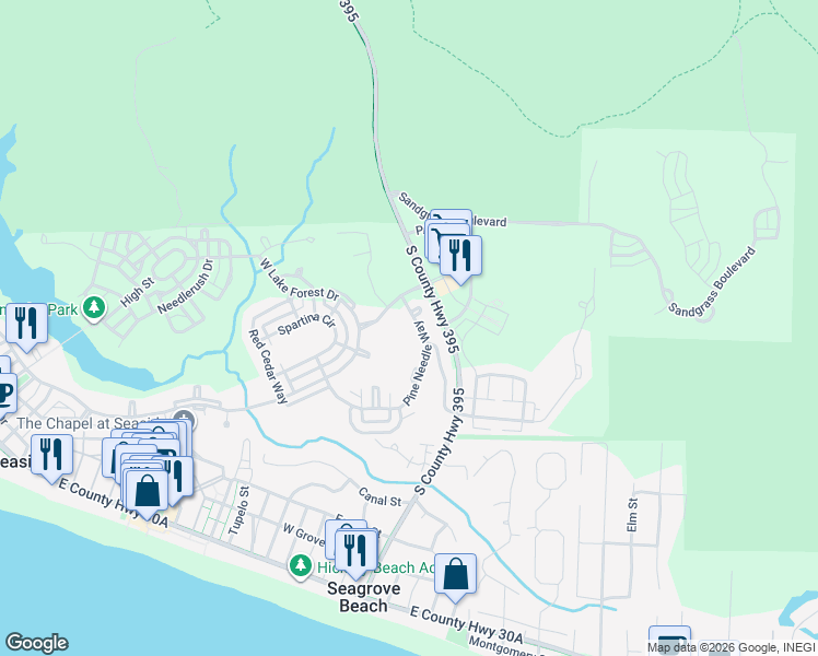 map of restaurants, bars, coffee shops, grocery stores, and more near 78 Pine Needle Way in Santa Rosa Beach