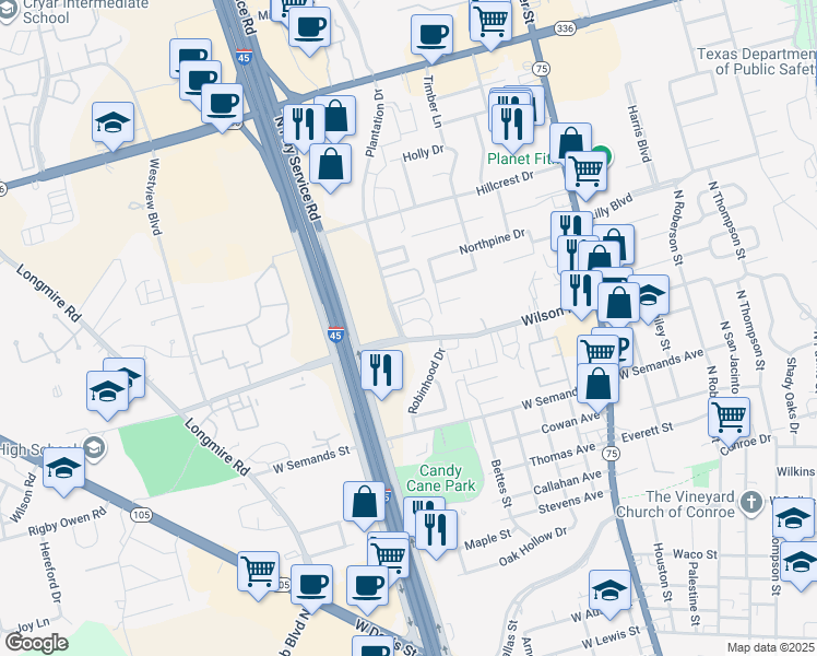 map of restaurants, bars, coffee shops, grocery stores, and more near 1212 Wilson Road in Conroe