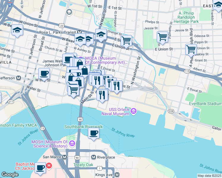 map of restaurants, bars, coffee shops, grocery stores, and more near East Forsyth Street in Jacksonville