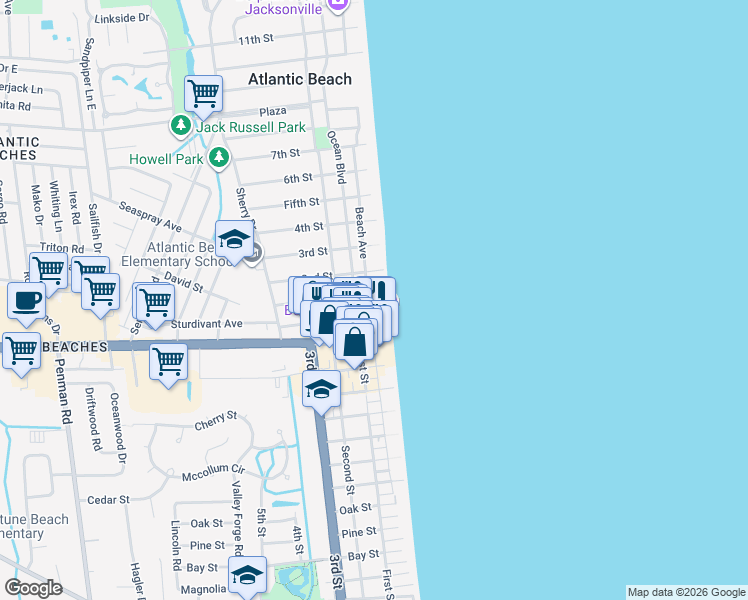 map of restaurants, bars, coffee shops, grocery stores, and more near 68 Ocean Boulevard in Atlantic Beach