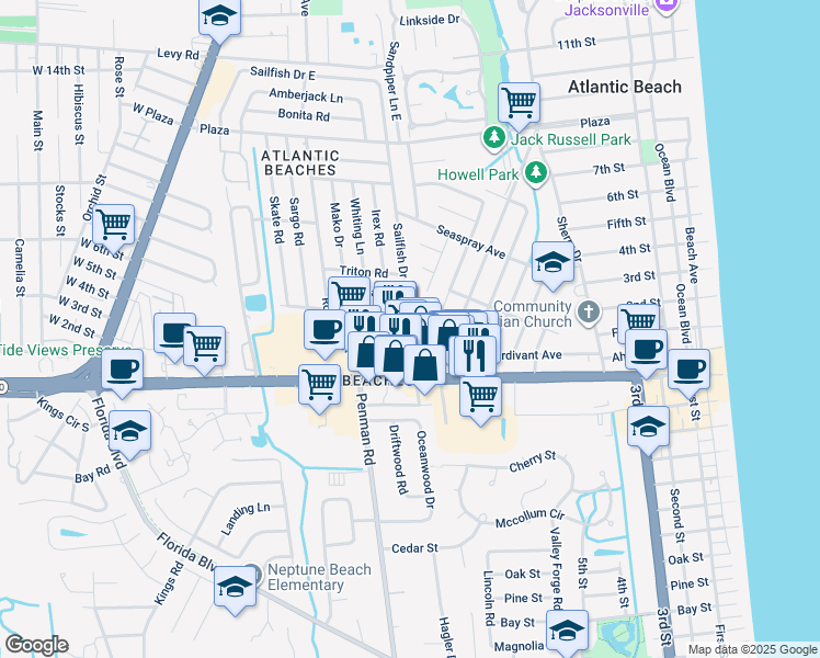 map of restaurants, bars, coffee shops, grocery stores, and more near 108 Seminole Road in Atlantic Beach