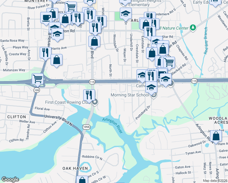 map of restaurants, bars, coffee shops, grocery stores, and more near 722 Seabrook Cove Road in Jacksonville