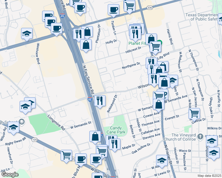 map of restaurants, bars, coffee shops, grocery stores, and more near 19 Robinhood Drive in Conroe