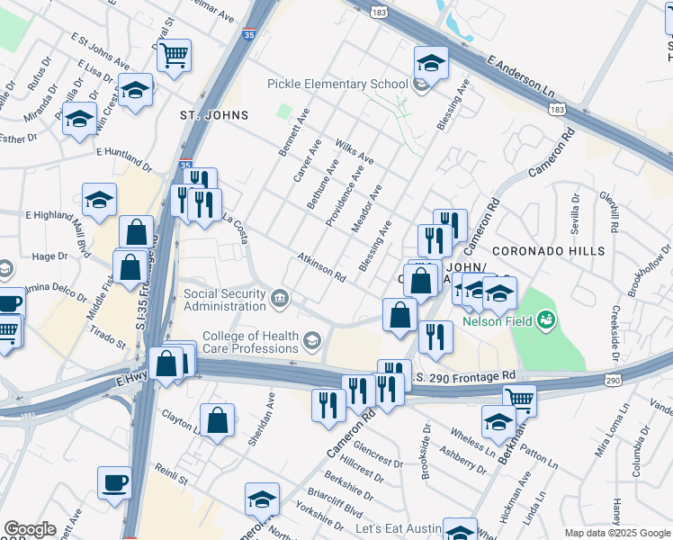 map of restaurants, bars, coffee shops, grocery stores, and more near 1114 Camino La Costa in Austin