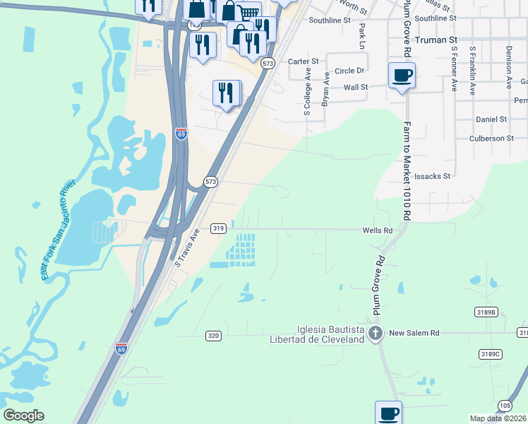 map of restaurants, bars, coffee shops, grocery stores, and more near 271 County Road 319 in Cleveland