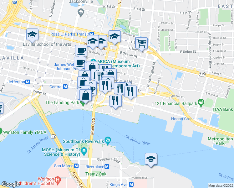 map of restaurants, bars, coffee shops, grocery stores, and more near 200 East Forsyth Street in Jacksonville