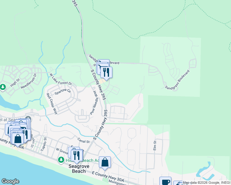 map of restaurants, bars, coffee shops, grocery stores, and more near 86 Winterberry Circle in Santa Rosa Beach