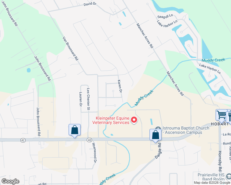 map of restaurants, bars, coffee shops, grocery stores, and more near 39057 Meadow Ridge Avenue in Prairieville