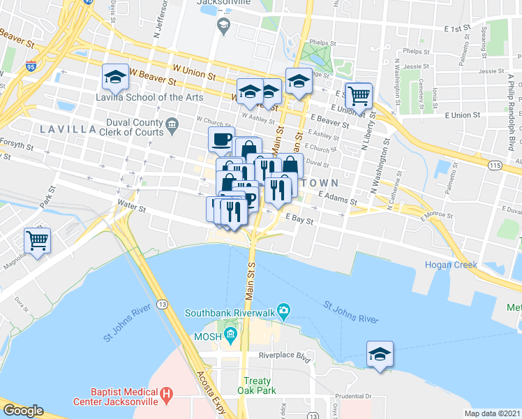 map of restaurants, bars, coffee shops, grocery stores, and more near N Main St & Main St S in Jacksonville