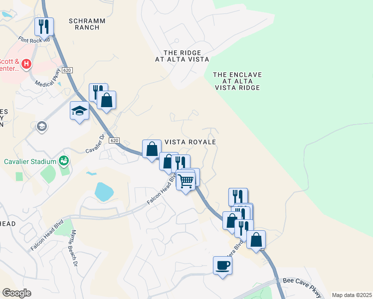 map of restaurants, bars, coffee shops, grocery stores, and more near 3499 Ranch Road 620 in Austin