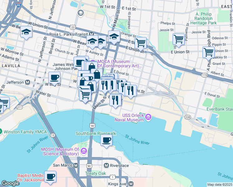 map of restaurants, bars, coffee shops, grocery stores, and more near 119 East Bay Street in Jacksonville