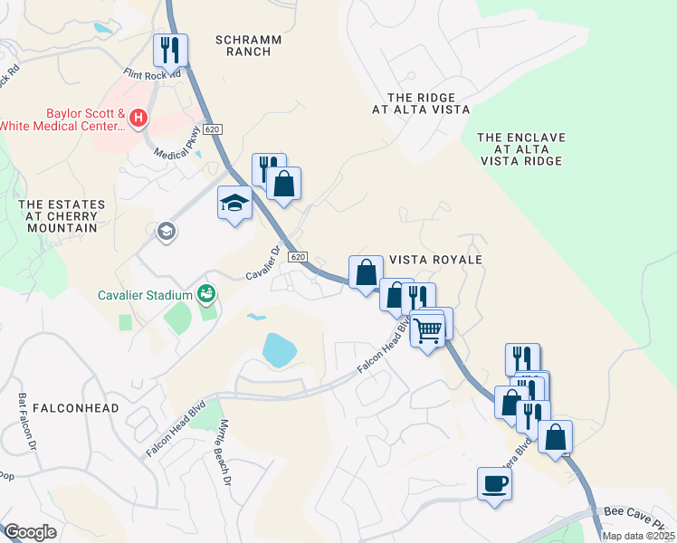 map of restaurants, bars, coffee shops, grocery stores, and more near 3413 Ranch Road 620 South in Austin