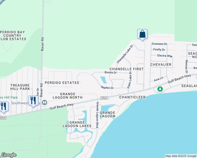 map of restaurants, bars, coffee shops, grocery stores, and more near 1057 Bonita Drive in Pensacola
