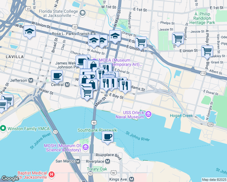 map of restaurants, bars, coffee shops, grocery stores, and more near 128 East Forsyth Street in Jacksonville