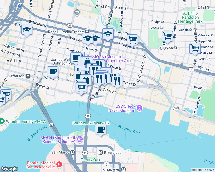 map of restaurants, bars, coffee shops, grocery stores, and more near 128 East Forsyth Street in Jacksonville