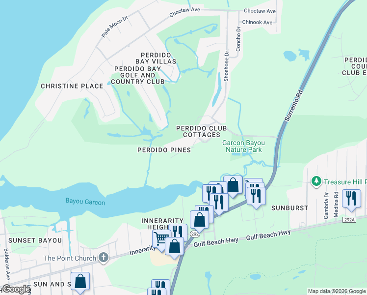 map of restaurants, bars, coffee shops, grocery stores, and more near 13402 Valerie Drive in Pensacola