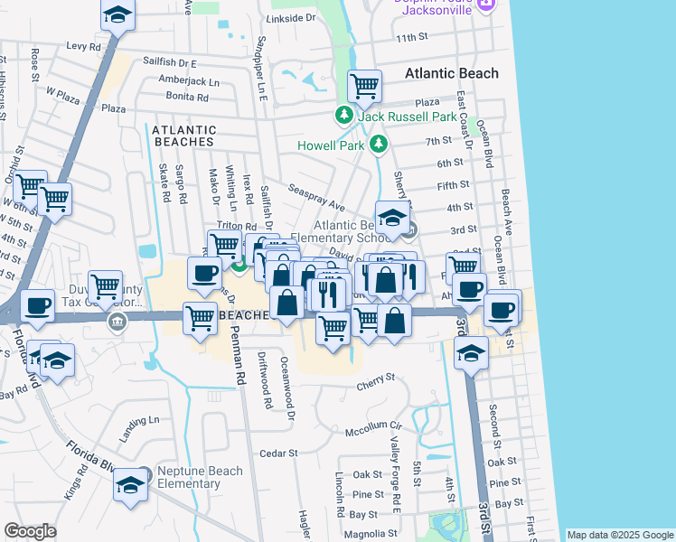 map of restaurants, bars, coffee shops, grocery stores, and more near 202 Pine Street in Atlantic Beach