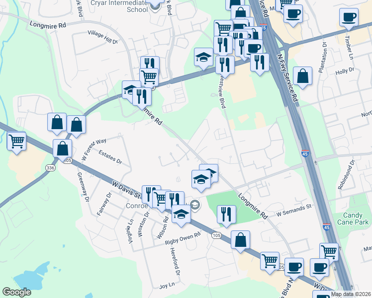 map of restaurants, bars, coffee shops, grocery stores, and more near 750 Longmire Road in Conroe