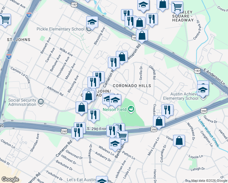 map of restaurants, bars, coffee shops, grocery stores, and more near 1428 Reagan Hill Drive in Austin