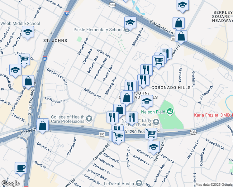 map of restaurants, bars, coffee shops, grocery stores, and more near 7112 Grand Canyon Drive in Austin