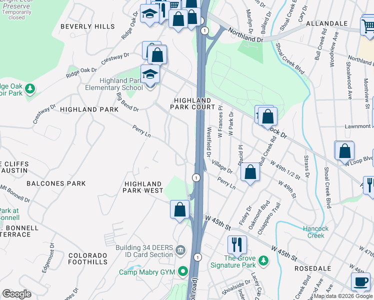 map of restaurants, bars, coffee shops, grocery stores, and more near 4709 Highland Terrace in Austin