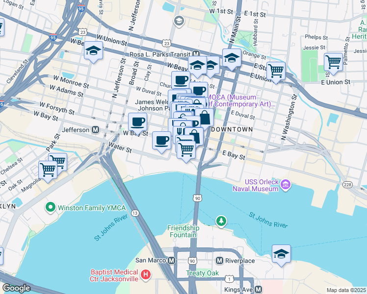 map of restaurants, bars, coffee shops, grocery stores, and more near 37 Hogan Street South in Jacksonville