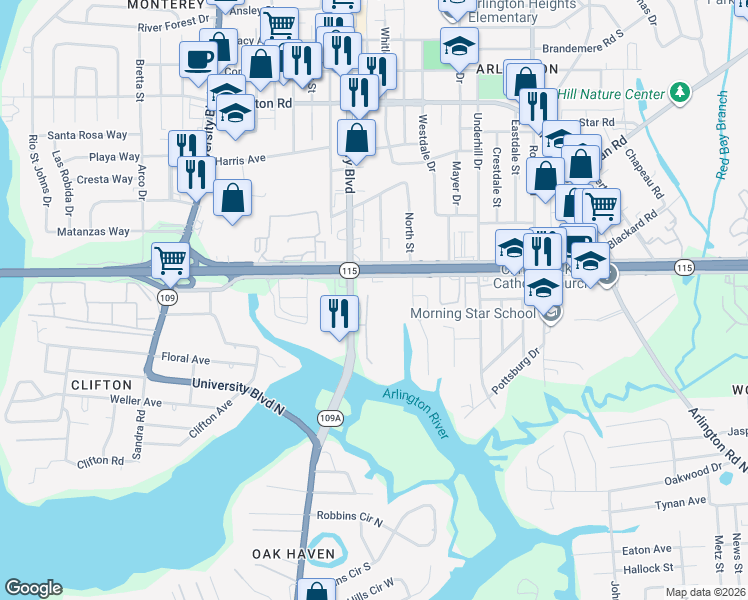 map of restaurants, bars, coffee shops, grocery stores, and more near 767 Egret Bluff Lane in Jacksonville