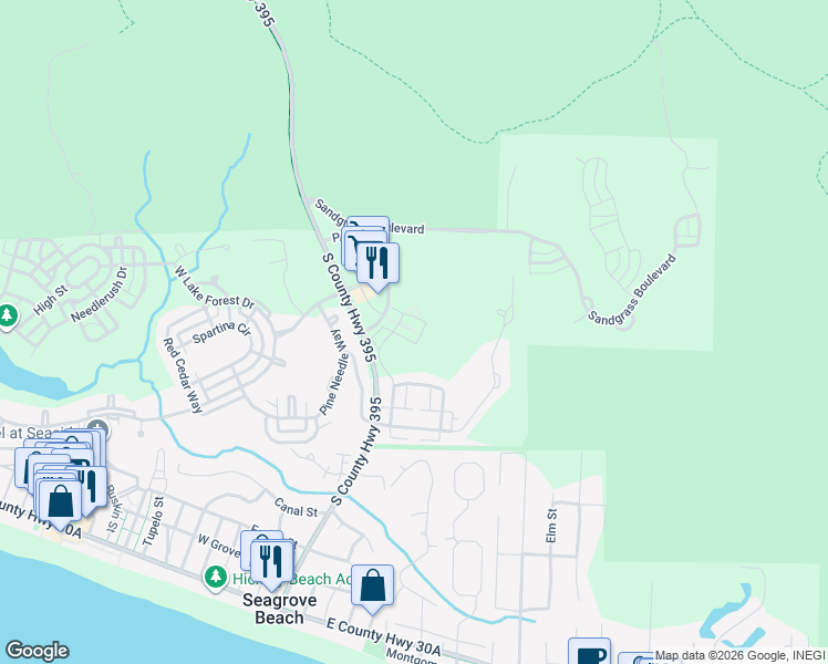 map of restaurants, bars, coffee shops, grocery stores, and more near 86 Winterberry Circle in Santa Rosa Beach