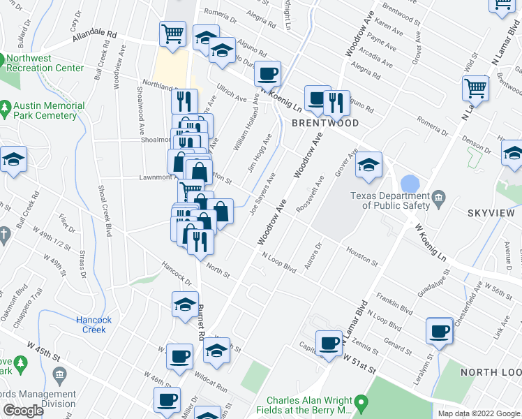 map of restaurants, bars, coffee shops, grocery stores, and more near 5502 Joe Sayers Avenue in Austin