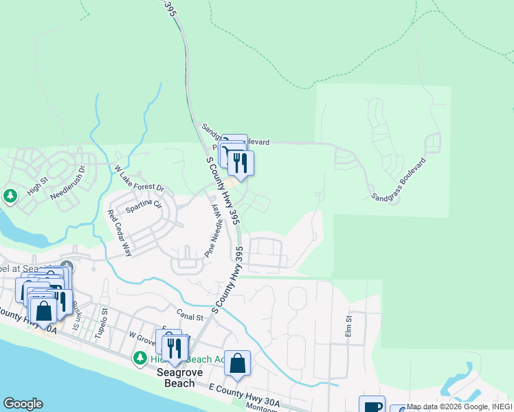 map of restaurants, bars, coffee shops, grocery stores, and more near 141 Winterberry Circle in Santa Rosa Beach