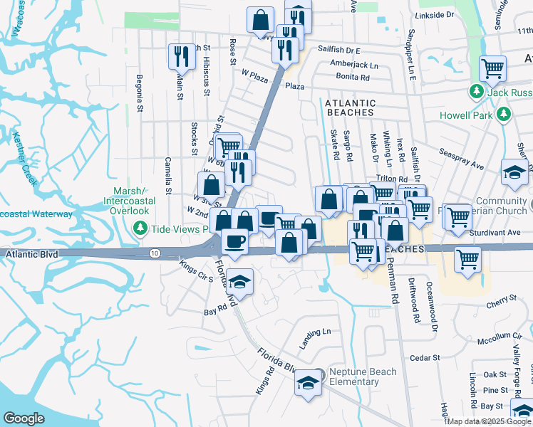 map of restaurants, bars, coffee shops, grocery stores, and more near 1085 Atlantic Boulevard in Atlantic Beach