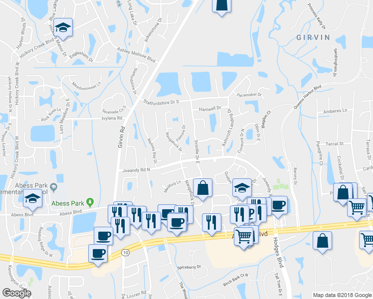 map of restaurants, bars, coffee shops, grocery stores, and more near 13107 Kennis Court in Jacksonville