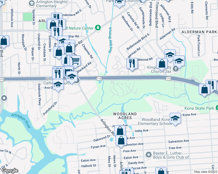 map of restaurants, bars, coffee shops, grocery stores, and more near 7528 Arlington Expressway in Jacksonville