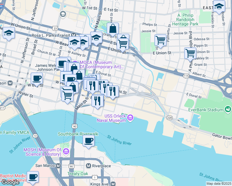 map of restaurants, bars, coffee shops, grocery stores, and more near 211 North Liberty Street in Jacksonville