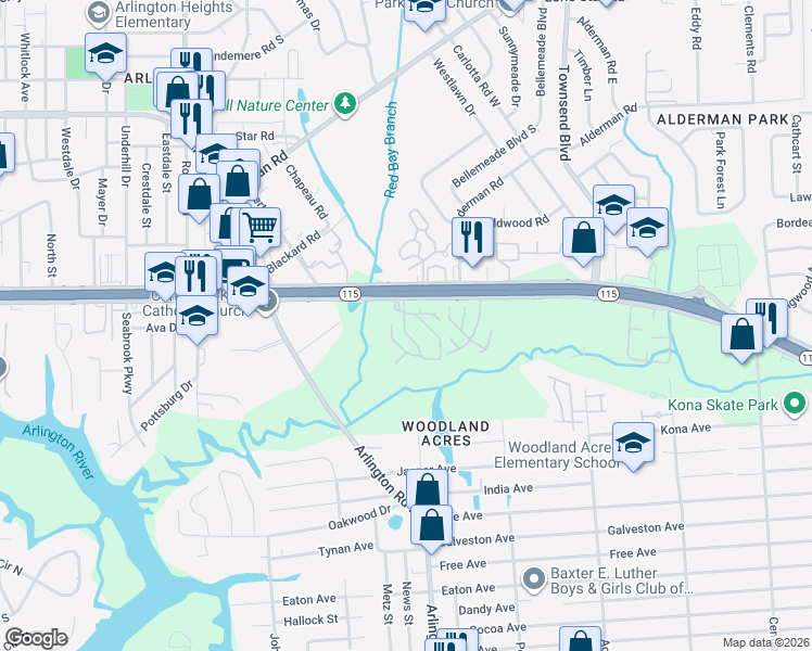 map of restaurants, bars, coffee shops, grocery stores, and more near 7528 Arlington Expressway in Jacksonville