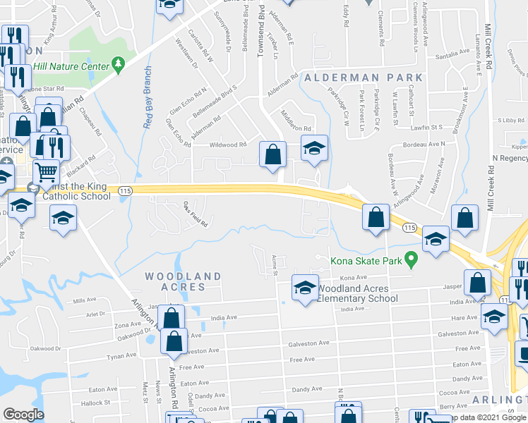 map of restaurants, bars, coffee shops, grocery stores, and more near 7960 Arlington Expressway Srv Road in Jacksonville