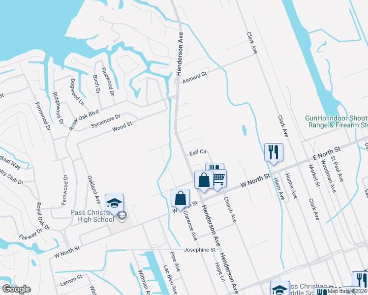 map of restaurants, bars, coffee shops, grocery stores, and more near 480 Henderson Avenue in Pass Christian