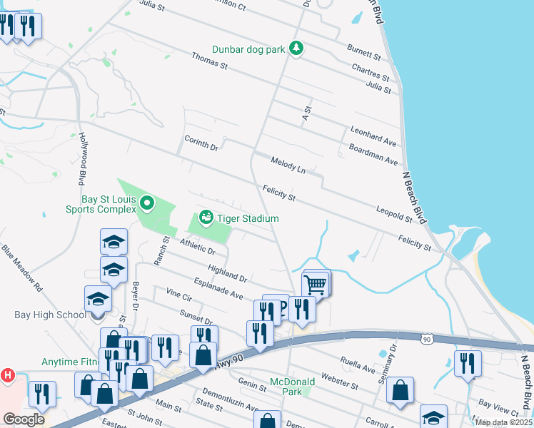 map of restaurants, bars, coffee shops, grocery stores, and more near 740 Dunbar Avenue in Bay St. Louis