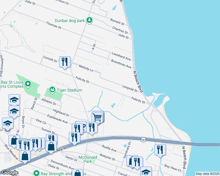 map of restaurants, bars, coffee shops, grocery stores, and more near 130 Leopold St in Bay St Louis