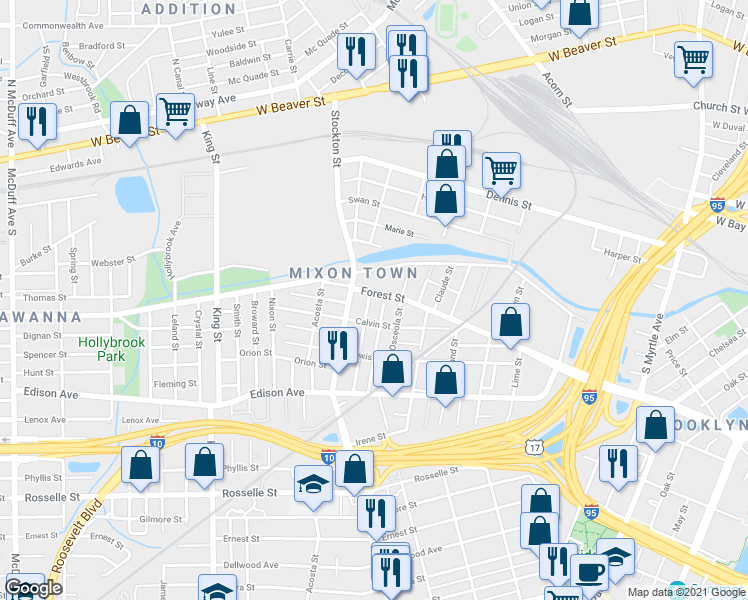 map of restaurants, bars, coffee shops, grocery stores, and more near 263 Belfort Street in Jacksonville