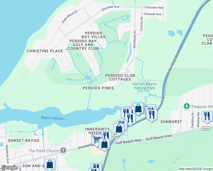 map of restaurants, bars, coffee shops, grocery stores, and more near 13418 Valerie Drive in Pensacola