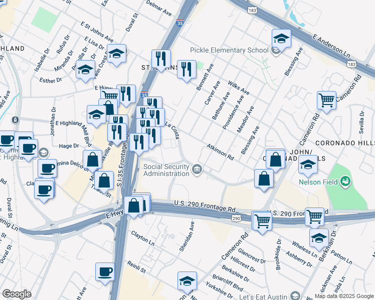 map of restaurants, bars, coffee shops, grocery stores, and more near 1016 Camino La Costa in Austin