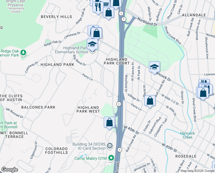 map of restaurants, bars, coffee shops, grocery stores, and more near 3104 Perry Lane in Austin