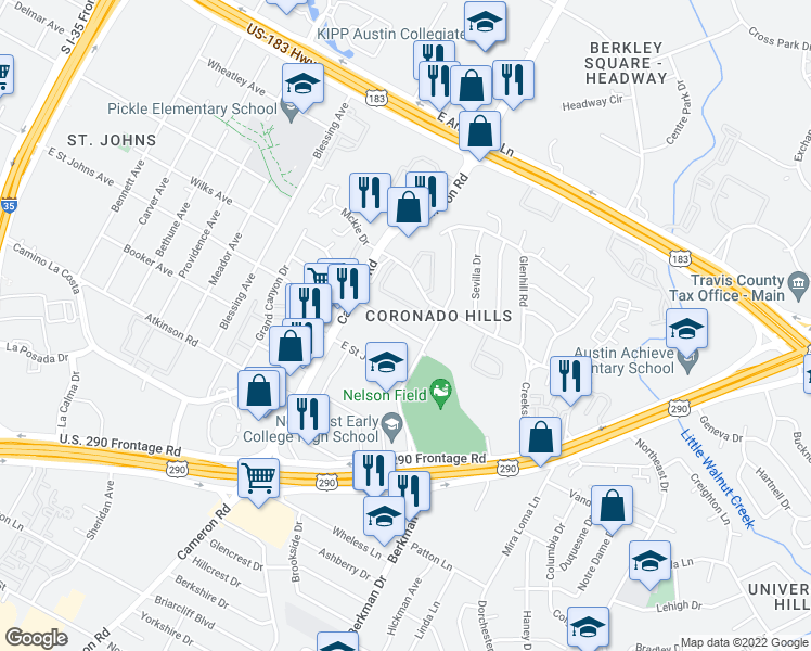 map of restaurants, bars, coffee shops, grocery stores, and more near 1506 Reagan Hill Drive in Austin