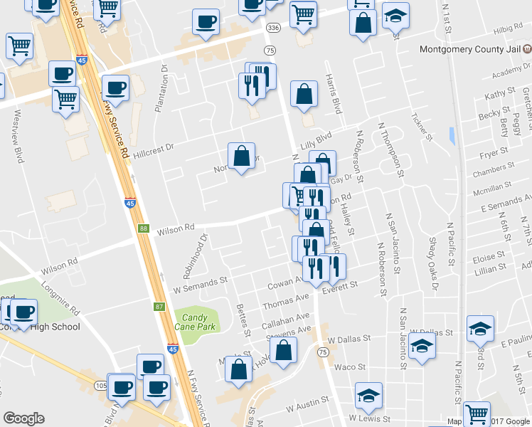 map of restaurants, bars, coffee shops, grocery stores, and more near 971 Wilson Road in Conroe
