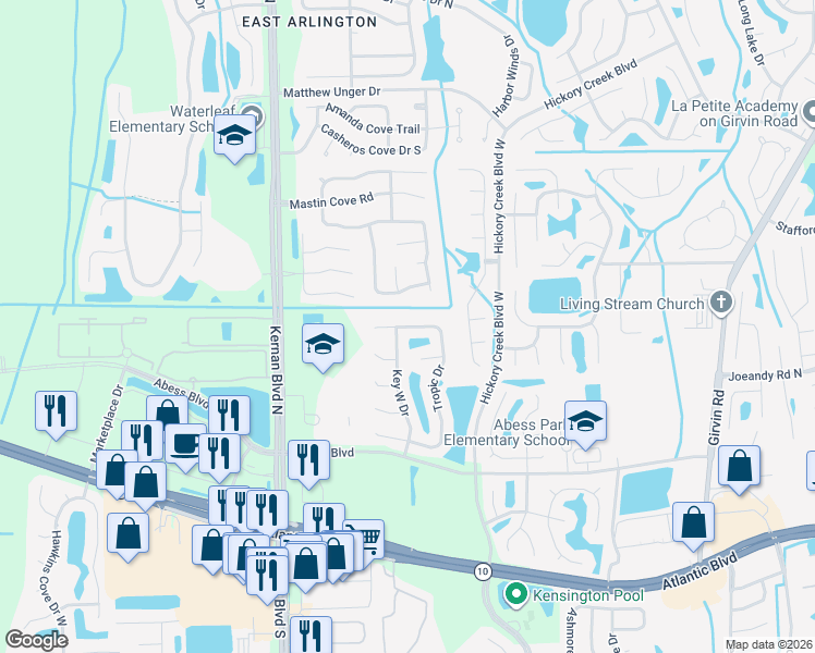map of restaurants, bars, coffee shops, grocery stores, and more near Tropic Drive North in Jacksonville