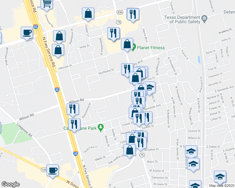 map of restaurants, bars, coffee shops, grocery stores, and more near 951 Wilson Road in Conroe