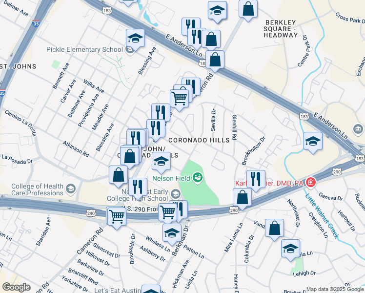 map of restaurants, bars, coffee shops, grocery stores, and more near 1500 Reagan Hill Drive in Austin